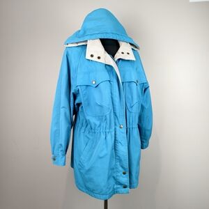 London Fog Vintage Women 12 Long Trench Coat Teal Blue Hooded Jacket Minimalist